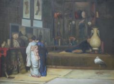 A 20th Century oil on canvas, Japanese interior scene with Geisha dressed in Kimonos and stalk,