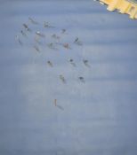 A Contemporary Chinese oil on canvas, a street scene from above depicting pedestrians and cyclists