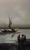 A 20th Century oil on canvas, depicting moored sailing boats with figures on a shoreline, signed