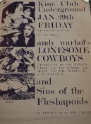 After Kine Club Underground (20th Century) movie poster 'Andy Warhol's Lonesome Cowboys and Sins