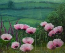 A Contemporary acrylic on board, study of pink poppies in a hedgerow, initialled (HR) lower left,