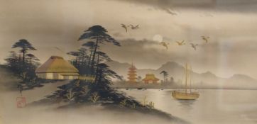 A pair of 20th Century Chinese gilt embellished watercolours, fishing village scenes, signed and