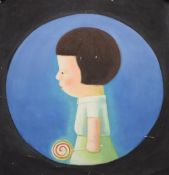 A Contemporary Chinese oil on canvas portrait, a surreal depiction of a child holding a lollypop