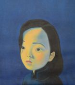 A Contemporary Chinese oil on canvas portrait, a depiction of a young girl in complimentary yellow