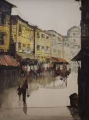 Edgardo Saemiento (20th Century) Oil on canvas, a vibrant bustling Eastern street scene, signed