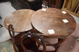 Two period oak pedestal tables, both having circular tops of turned columns and splay legs, diameter