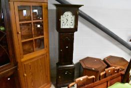 A reproduction stained pine long case clock by Europine, Devonshire 186cm