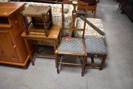 Four pieces comprising early 20th Century bedroom chair , footstool with similar upholstery, oak