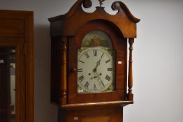 A 19th Century composite wood longcase clock having eight day movement with painted pictorial and