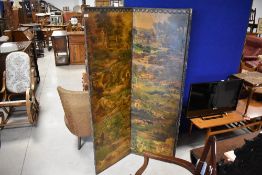 A 19th Century trifold room divider /modesty screen having pictorial decoupage style decoration to