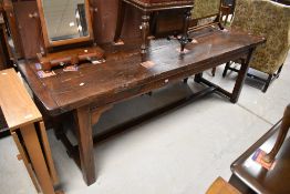 A traditional oak plank top refectory style dining table , approx. 225 x 69cm