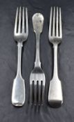 A group of three 19th century silver fiddle pattern forks, two having 'C' initial engraved, marks