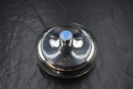 A George V silver and guilloche enamel glass powder pot, the silver top having pale blue guilloche