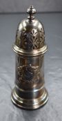 A boxed Elizabeth II silver sugar caster, of cylindrical form having an ornate shield with 'W'