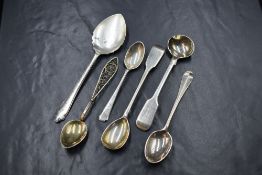 A George VI silver preserve spoon, marks for Sheffield 1944, maker H H Silverware, along with five