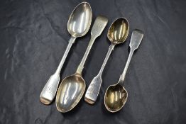 A pair of William IV silver fiddle pattern dessert spoons, having 'B' initial to terminal, marks for