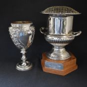 A late 19th century silver plated J.H. Potter trophy, having two vacant shield cartouches and ornate