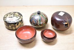 A nested set of mid 20th-century Japanese wooden lacquerware bowls/saki cups with colourful red