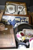 A vintage vanity set, a set of two blue and white tiles depicting two horses pulling a cart