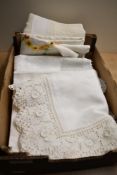 Four vintage linen tablecloths with hand made lace and embroidery.