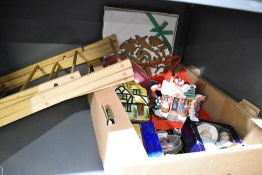 A miscellaneous collection of items including an Irish Linen tablecloth 86cm x 86cm, a vintage