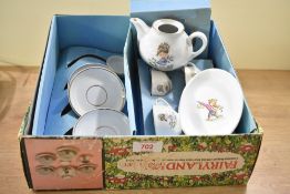 A vintage Fairyland children's tea set in original box, missing a teapot lid, cup and saucer and
