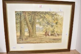 Archibald Jones (British 19th/20th century) watercolour, children playing under large trees,