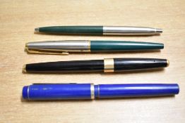Two Parker fountain pens. A Parker 45 in Green with lustraloy cap having gold trim and a Parker 15