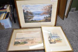 A selection of 20th-century framed pictures, to include a coastal watercolour scene after J.W.