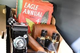 Four vintage Eagle Annuals no.s 3-6, a children's set of binoculars in leather case and a vintage