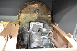 A collection of pewter and plated ware including a rectangular galleried tray, a pewter tankard