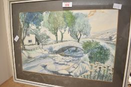 M.Shawz (20th Century) watercolour, a bridge over a river scene possibly in The Lake District or