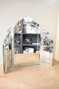 An early 20th-century Venetian-style triptych vanity mirror with floral etched glass detailing, 52cm