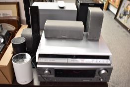A Panasonic DVD Recorder, a Denon AVR-1306 home theater receiver with five Denon speakers, a Deco 6E