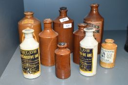 Nine Salt glazed ink bottles of various sizes for Fields, Hallidges, Arnold etc