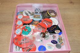 A selection of vintage pin badges, including Royal Navy, Rent-a-Car Fiat, Globe petroleum Ltd, and