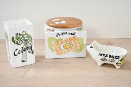 Three mid 20th-century Toni Raymond Pottery pieces, to feature a 'Crispbread' storage jar; a '