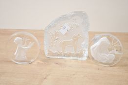 Three 20th-century etched glass paperweights, to feature two presumed Danbury Mint-style lead