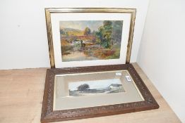 A presumed early 20th-century framed oil, to feature a pastural bridge scene with a central