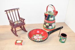 A small collection of decorative hand-painted Barge Ware, comprising metal water pot, frying pan,