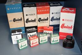 Eight bottles of Parker Quink Ink and Parker ink from 40fl oz down 1fl oz as well as five empty