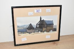 A 20th Century watercolour of farm buildings, unsigned or attributed, within card mount and thin