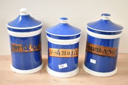 Three Victorian blue and white ceramic Apothecary jars of graduating sizes, featuring gilt-