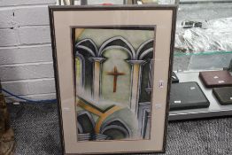 Claire Barry (contemporary) coloured pencil/crayon ecclesiastical study 'School Chapel', unsigned,