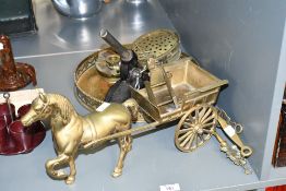 A small selection of 20th-century brass ware, to feature a large horse and cart figurine; a large