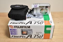 A boxed Fujifilm Finepix A350 digital camera with charger etc