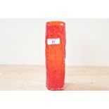 A 20th-century Whitefriars-style ruby red bark-effect glass vase, featuring a textured surface,