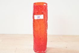 A 20th-century Whitefriars-style ruby red bark-effect glass vase, featuring a textured surface,