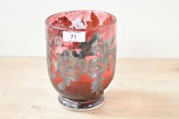 A 20th-century Welsh Laugharne glass vase, featuring a cranberry glass base with Silver floral