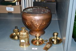 A small selection of 20th-century brass and copper ware, to feature three chamber sticks, a large